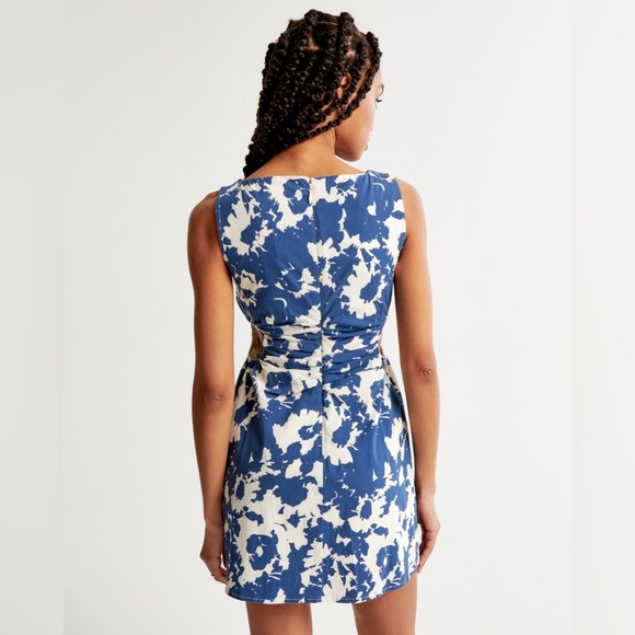 Stretch Cotton Cutout Mini Dress with side cutouts and abstract blue floral - Picture 3 of 15